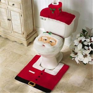 3 Pièces Noël Thème Père Noël Ensemble De Décoration De Salle De Bain,Y Compris Couvercle De Cuvette De Toilette,Tapis - Neuf