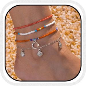 Bracelet De Cheville Bohème En Couches Avec Coquillage, Étoile Et Lune, Chaîne De Cheville Avec Perles, Bijoux Pieds Nus Pour Femmes Et Filles - Neuf