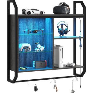 Étagère Murale Led 84 Cm Avec Étagères En Verre Trempé Ajustables Et 6 Crochets S Design Industriel Pour Salon, Cuisine Ou Bar À Vin Café - Neuf