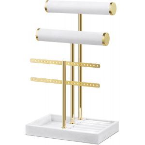 Organisateur De Bijoux &Agrave; 3 Niveaux - Blanc - Porte-Bijoux Amovible En T - Pr&eacute;sentoir &Agrave; Bijoux Avec Trous Pour Boucles D'oreilles, Bracelets, Bagues - Pour Filles Et Femmes - Neuf