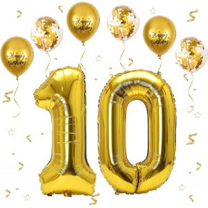 CAUC-Ballon Anniversaire 10 Ans Or, 101 CM Ballon Chiffre 10, Happy Birthday Decoration Ballons 10 Anniversaire Ballon, D&eacute;coration Ballon Num&eacute;ro pour 10 - Vole &agrave; l'H&eacute;lium - Neuf