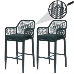 Lot De 2 Tabourets De Bar Rope Hwc-P91, Tabourets De Bar, Tabourets De Comptoir, Coussins D'assise D'ext&eacute;rieur, Tressage En Corde, M&eacute;talVert - Neuf