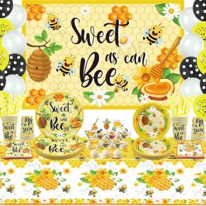 ChicSlick-Fournitures De Fête D'Abeille ¿ Décoration De Fête De Bourdon Au Miel Comprenant Toile De Fond D'Abeille Anniversaire, Assiettes, Tasses, Serviettes, Nappe D'Abeille, Ballon, Pour [X1748] - Neuf
