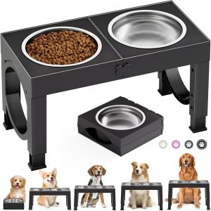 Cmws-Gamelle Chien Sur&eacute;lev&eacute;es De 5 Hauteurs Ajustables, Gamelle Pour Chien Avec 2 Bols En Acier Inoxydable De 1,5l, Pliable, Antid&eacute;rapant, Convient Aux Petits, Moyens Et Grands Chiens - Neuf