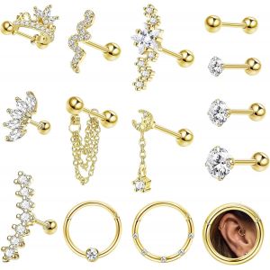 14pièces Lot Boucles D'oreilles Clou Femme Homme Acier Inoxydable 16g Étoile Lune Serpent Vis Arrière Boucles D'oreilles Argent Hypoallergénique Tragus Cartilage Piercing Oreille.[X1446] - Neuf