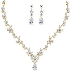Kgabery-Bijoux Parure Collier Et Boucles D'oreilles Fleur Feuille Pendentif Goutte D'eau Parures De Mariage Soirée - Neuf