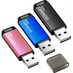 Cle USB 64 Go, Clé USB,Lot de 3 Clés USB avec Lumière LED Rapide Grande Capacité, Métal Clef USB Mémoire Externe pour Le Stockage de Musique et des Dossiers (Rose, Bleu, Noir).[F1150] - Neuf