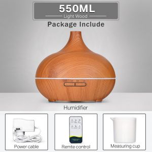 Diffuseur d'huiles essentielles d'aromath&eacute;rapie,humidificateur d'air ultrasonique avec t&eacute;l&eacute;commande,Grain de bois,frais avec lumi&egrave;re LED 7 couleurs - Type 550ml-Light-Mode A - Neuf
