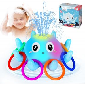 Kal-Jouets De Bain B&eacute;b&eacute;,Jouets De Douche Pieuvre Avec Lampe Et 11pcs Lancer D'anneaux,Lnduction Automatique,Jouet D'arroseur D'eau Pieuvre,Baignoire Piscine Jouets De Bain Interactifs Pour B&eacute;b&eacute; - Neuf
