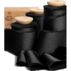 Ruban De Satin Soyeux Noir 3,8 Cm X 13,7 M, Rubans Effiloch&eacute;s En Tissu &Agrave; Franges Faits &Agrave; La Main Pour L'emballage De Cadeaux, Les D&eacute;corations Festives, Les Bouquets De Mari&eacute;es - Neuf