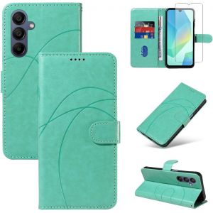 Sansh-Coque Pour Samsung Galaxy A16 4g / 5g Avec 1 Pièce Protection Écran En Verre Trempé, Housse Pu Cuir À Rabat Flip, Étui Support Et Portefeuille Fonction (Vert) - Neuf