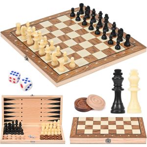 Jeu D'&eacute;checs,Jeu D'&eacute;checs En Bois 3 En 1,Jeu D'&eacute;checs De Voyage Portable Pliable,Jeu Echec,Adapt&eacute; Au Jeu De Soci&eacute;t&eacute; De Voyage En Famille,29 X 29 Cm - Neuf