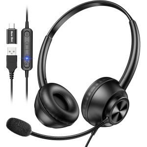 TIANYI-Casque Micro, Casque USB,Casque PC Microphone R&eacute;glable, Casque USB C&USB A, Casque d'affaires/Conf&eacute;rence/Skype Chat/Cours en Ligne - Neuf