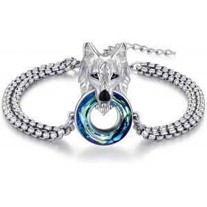 Wolf Bracelet En Argent Sterling S925 Avec Cristal - 7 + 5 Pouces - Pendentif En Acier Inoxydable - Double Cha&icirc;ne - R&eacute;glable - Cadeau Animal - Bijoux Pour Femme, Homme, Adolescent,[Bra9202461] - Neuf