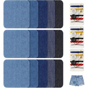 Mevronisshop-Lot De 15 Patch Thermocollant Vetement, Tissu Thermocollant Jean 7.8 &times;7.8cm 5 Couleurs Autocollant Couture Patchs Avec Kit De Couture R&eacute;paration D&eacute;coration Pour Vestes Pantalons Chemises - Neuf