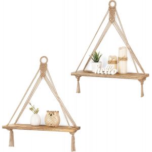 Lot De 2 Étagères Murales Flottantes En Macramé Style Bohème Rustique Pour Chambre À Coucher, Salle De Bain, Salon, Chambre D'enfant, Dortoir, Présentoir Pour Suspendre Des Plantes Et Des Photos - Neuf
