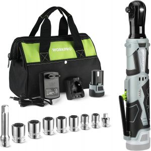 Cl&eacute; &agrave; Cliquet Sans Fil 12V WORKPRO, 3/8'', 55N.m, Charge Rapide en 1 Heure, 1 Batterie de 2,0 Ah, Cl&eacute; &agrave; Cliquet Electrique avec Lumi&egrave;re LED et 9 Accessoires et Sac de Rangement - Neuf