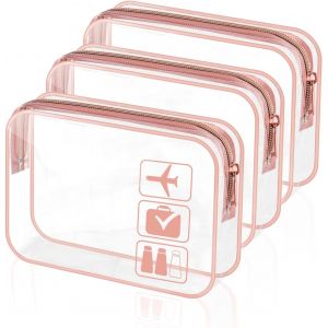 KALANKA-3 Pièces Trousse de Toilette Transparente, Sacs d'avion Transparents, PVC Étanche Trousse de Maquillage de Voyage, Sac de Toilette, Cosmétique Organisateur pour Hommes, Femme, Enfant (Rose) - Neuf