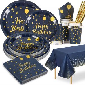 Checarzhn--No1-Assiette Jetable Anniversaire Bleu Marine Et Or,16 Invités Vaisselle Jetable Anniversaire Bleu Marine Assiettes Carton Gobelets Serviettes Nappe Assiette Anniversaire Homme Garcon - Neuf