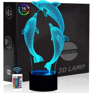 Eryi-Dauphin 3d Illusion Veilleuse Jouets,Décor De Maison Led Lampe De Chevet Table,Tactile & Télécommander 16 Couleurs,Cadeau D'anniversaire De Noël Pour Filles Garçons Enfants Amis Et Famille - Neuf