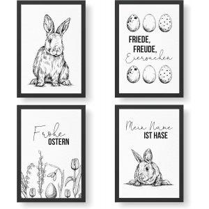 Eryi-Lot De 4 Posters De Qualité Supérieure Pour Pâques - Din A4 - Pour Salon Et Cuisine - Noir Et Blanc - Impressions D'art De Qualité Supérieure - Décoration Murale - Neuf