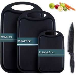 Tianyi-Planche &Agrave; D&eacute;couper En Plastique, Hunnycook Set De 3 Planches &Agrave; D&eacute;couper Avec Couteau Et Rainure &Agrave; Jus, Planches &Agrave; D&eacute;couper Antibact&eacute;riennes/Planche &Agrave; D&eacute;jeuner En Plastique Noir, Sans Bpa - Neuf