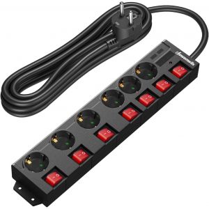 Multiprise 6 Prises avec Interrupteurs Individuel, 3680W Max, Montage Mural, S&eacute;curit&eacute; Enfants, Rallonge Multiprise Parafoudre et Surtension avec C&acirc;ble 2M & Prises 90&deg;, Noir - Neuf