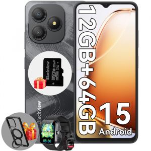 Blackview WAVE 9C T&eacute;l&eacute;phone portable 6.56" 12Go+64Go 5000mAh Android 15 Smartphone Dual SIM Noir avec Smartwatch R50 - Neuf