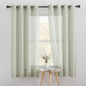 ERYI-Rideaux Vert - Rideau Voilage Texture De Lin Effet Voile Panneaux Draperies Pour Maison Chambre Cuisine Décoration Unique Avec Oeillets, L 140Cm X H 160Cm, Sauge Vert, Lot De 2 - Neuf
