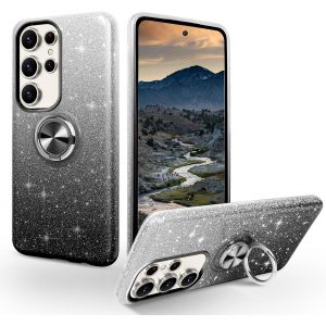 Kal-Coque Pour Samsung Galaxy S23 Ultra Avec Anneau Rotatif 360° Support De Voiture Magnétiqu, Paillettes Scintillantes Brillantes Etui Protection À Anti-Rayure Antichoc Housse, Dégradé Noir - Neuf