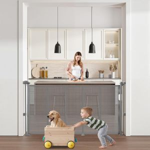 Yemaesre-Barrière De Sécurité Extensible Jusquà 140 Cm Hauteur 87 Cm, Barrière Rétractable Pour Animaux De Compagnie, Clôtures En Mailles, Pour Chiens Couloir Escalier Porte Salle De Jeux, Gris - Neuf