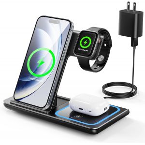 KALANKA-Station de Charge 3 en 1, Chargeur Induction Iphone pour IPhone 17/16/15/14/13/12/Pro/Max, Station Charge Apple pour Apple Watch, Charging Station sans Fil pour AirPods 2/3/Pro(Noir) - Neuf