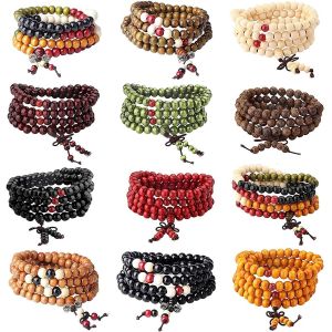 Eryi-9-12 Pcs 108 Bracelet Perles En Bois De Santal Naturel Collier/Bracelet Chaîne Chapelet Perles Tibétain Bouddhiste Bouddha Mala Élastique Pierres Bracelet Homme Femme - Neuf