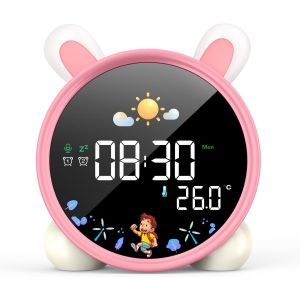 R&eacute;veil Educatif Jour Nuit Reveil Enfant Chatte 5 Couleurs Lumineux Led Lampe De Chevet Avec Musique,Double Alarme,Temp&eacute;rature,Fonction Snooze (Lapin) - Neuf