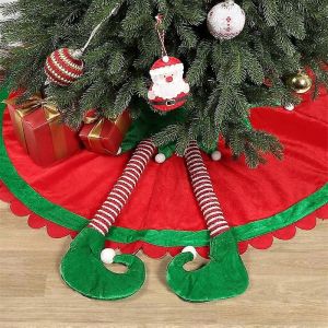 Jupe de sapin de No&euml;l avec un grand lutin, jambes ray&eacute;es et bordure ondul&eacute;e, d&eacute;coration sur le th&egrave;me des lutins de No&euml;l, ornements pour sapin, lutin du P&egrave;re No&euml;l sous le sapin. - Neuf