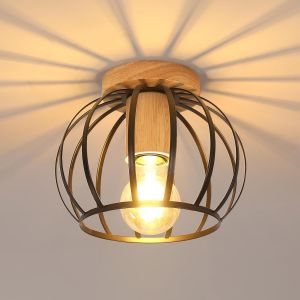 Kal-Plafonnier Industriel Vintage, Luminaire E27 Rétro Lustre Noir Avec Base En Bois, Lampe De Plafond En Métal Pour Cuisine, Balcon, Entrée - Neuf