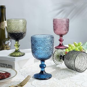 350ml Multicolore Verres À Vin Rouge Vintage,Lot De 4 Colorés Verre A Pieds Relief En Florale,Design Baroque Rétro Gobelets Eau Pour Boire Boissons Jus Apero Aperitif,Passe Au Lave-Vaisselle - Neuf