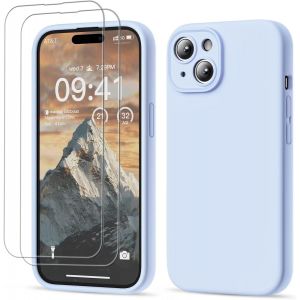 3 En 1 Coque Iphone 15 Silicone Liquide - Avec 2 Verre Trempé - Étui Protection Précise De Caméra [Résistant Aux Rayures] [Antidérapant] Iphone 15 Case 6.1"", Bleu Ciel - Neuf