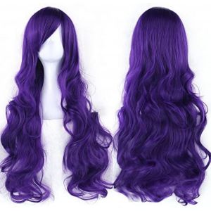 Kalanka-80cm Longue Perruque De Cosplay De Cheveux Naturels Boucl&eacute;s Avec Une Frange Color&eacute;e Halloween Costume Party Perruques Pour Les Femmes (Violet Fonc&eacute;) - Neuf
