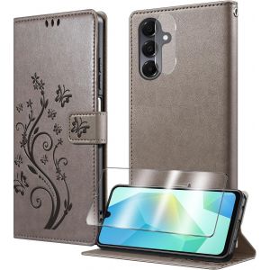 CAUC-Coque pour Samsung Galaxy A17 avec 1 Verre Tremp&eacute;,1 Protection Camera,&Eacute;tuis Rabat [Housse en Cuir PU][Fentes pour Cartes][Pochette de Portefeuille][Stand Feature]- Gris - Neuf