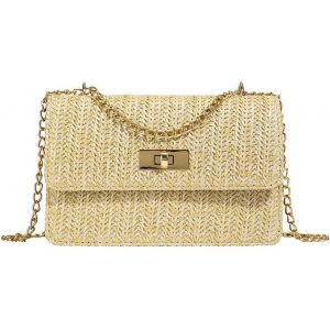 KALANKA-Sac a Main Femme en Paille d'Embrayage d'&Eacute;t&eacute; &Eacute;l&eacute;gant Bandouli&egrave;re Clutch Tiss&eacute;e avec Cha&icirc;ne D&eacute;tachable pour Plage F&ecirc;te Vacances - Neuf