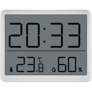 Thermomètre d'ambiance numérique et hygromètre avec horloge à poser/suspendre/support magnétique - Écran LCD avec affichage des valeurs minimales et maximales, date, réveil - Batterie incluse - - Neuf