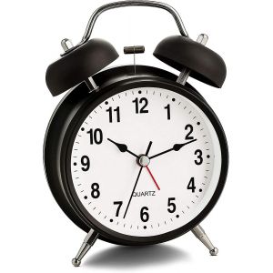 R&eacute;veil analogique r&eacute;tro blanc, silencieux, &agrave; double sonnerie, fonctionnant &agrave; piles, avec r&eacute;tro&eacute;clairage, style vintage. Fonctionne sur piles. - Neuf