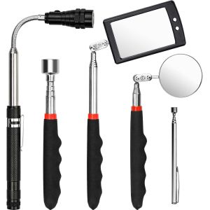 NouvelHorizonstore-5Pcs Outil de Pr&eacute;hension Magn&eacute;tique Outil de Ramassage Aimant&eacute; T&eacute;lescopable Comprenant 1.5/20lb Aimant Telescopique Miroir d'Inspection Carr&eacute;/Rond Avec LED et Lampe Torche Pivoter - Neuf