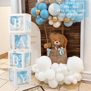 SJZG-Boite Baby Shower Decoration Gar&ccedil;on, 4 Cube Baby Boite A Ballon Avec 4 Guirlandes Lumineuses 33 Lettres Et Bleu Blanc Ballons Pour Baby Shower, Gender Reveal Party Decoration, Bapteme, Anniversa - Neuf