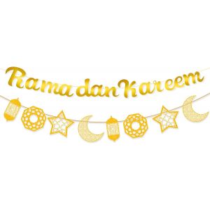 Mevronisshop-2 Pi&egrave;ces Ramadan Kareem Banni&egrave;re, Papier Dor&eacute; Decoration Aid Moubarak, Etoile Lune Et Lanternes Banni&egrave;re, Islam Musulman Eid Ramadan Pour Maison F&ecirc;te D&eacute;corations - Neuf
