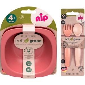 Kal-Set De Vaisselle Écologique Pour Filles À Partir De 9 Mois, 2 Bols À Purée + Couverts D'apprentissage Bio Eat Green - Passe Au Micro-Ondes - Neuf