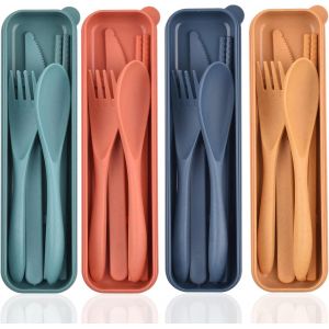 Sept-Ensemble De Couverts De Voyage Avec &Eacute;tui, Ensemble De Couverts Portables En Plastique R&eacute;utilisables, Couteaux, Fourchettes, Cuill&egrave;res, Baguettes, Ustensiles De Camping (4 Ensembles) - Neuf