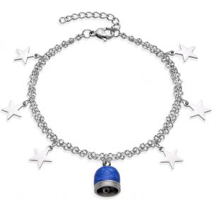 - Bracelet Avec Cloche De Style Capri Mer Bleu Et 6 Etoiles, En Acier Inoxydable Argenté - Chaîne Long 20 Cm Réduite À 17 Cm - Idéal Pour Femme Fille Mère - Neuf
