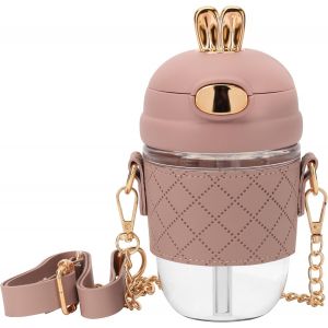 Shiba-Bouteille D¿Eau Couleur Rose Avec Paille Et Sangle - 380ml - Plastique Sans Bpa Avec Couvercle Étanche - Pour Tout Âge - Spo[4 - Neuf